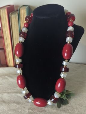 Vintage Monet Red 90's Retro Necklace Chunky Lucite & Gold Beaded Cranberry